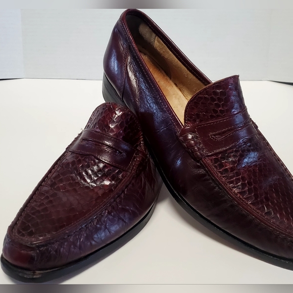 Nettleton Shoes Handcrafted Italy 6305 10M Snakeskin Fire-Red/Brown Penny Loafer - Picture 2 of 12